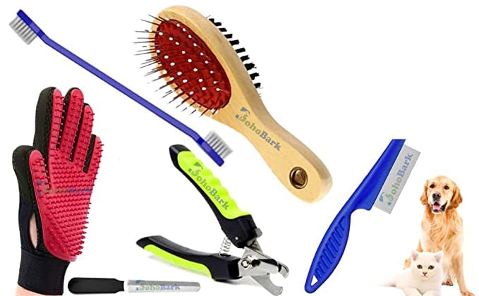 Bohobark Dog Grooming Kit Teethbrush + Nailcutter Wooden Brush Double Side Comb + 5 Finger Glove + Flea Comb Pack Of 6 Pcs (Groo