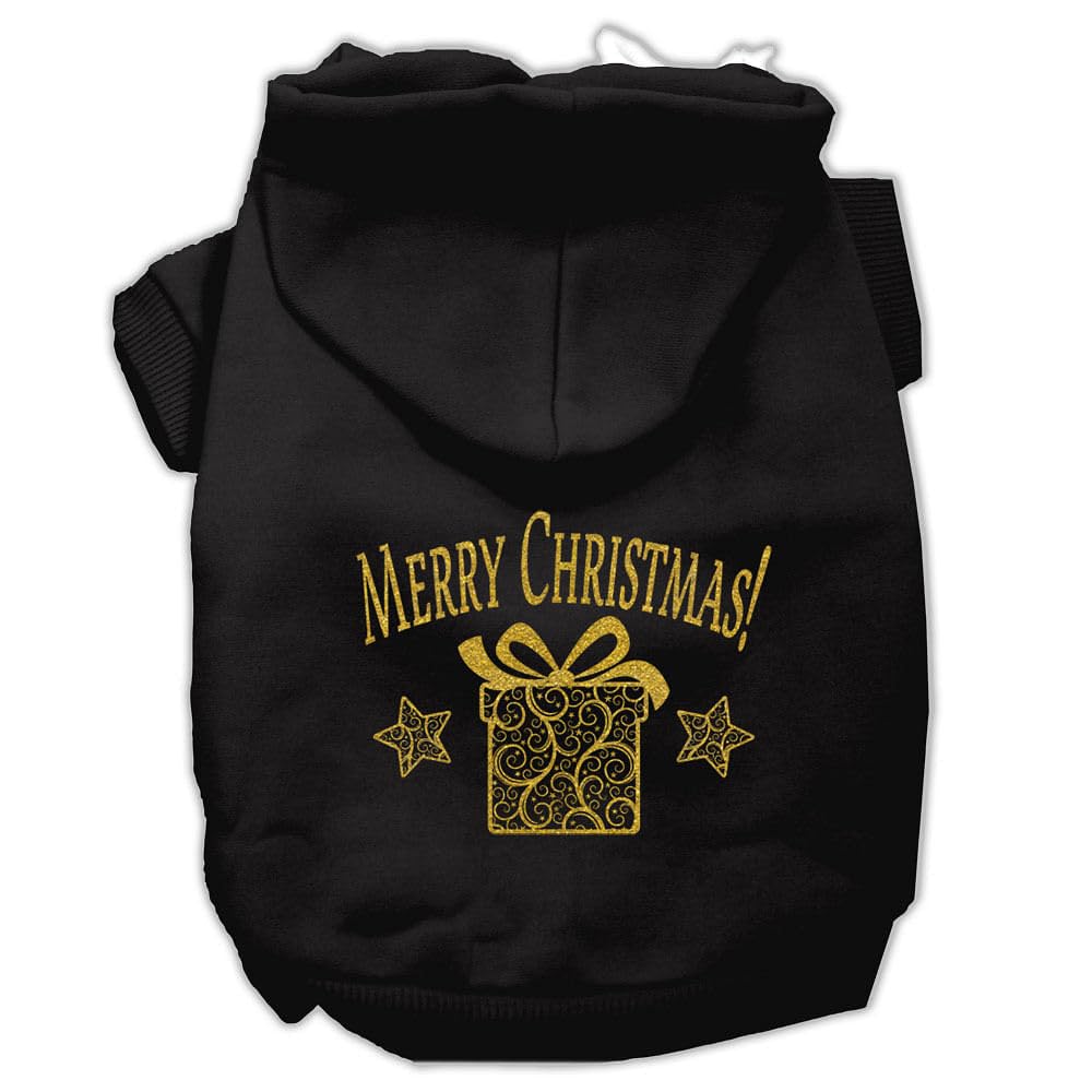Christmas Pet Dog & Cat Hoodie Screen Printed, 'Golden Christmas Present' Black Xs (0-3 Lbs.)