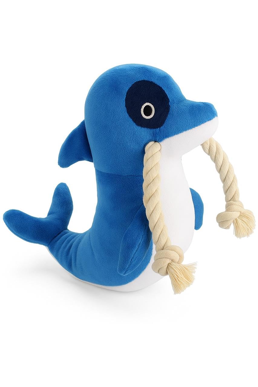 WAGGYTAILS Blue Dolphin Plush Rope Dog Toy with Squeaker (Made in U.S.A) Durable Soft Tug Safe for Small, Medium & Large Dogs | 