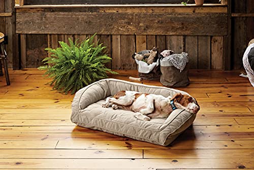 Orvis Comfortfill-Eco Bolster Dog Bed - Plush Rectangular Dog Beds With Three-Sided Bolster For Leaning, Heathered Khaki - Extra