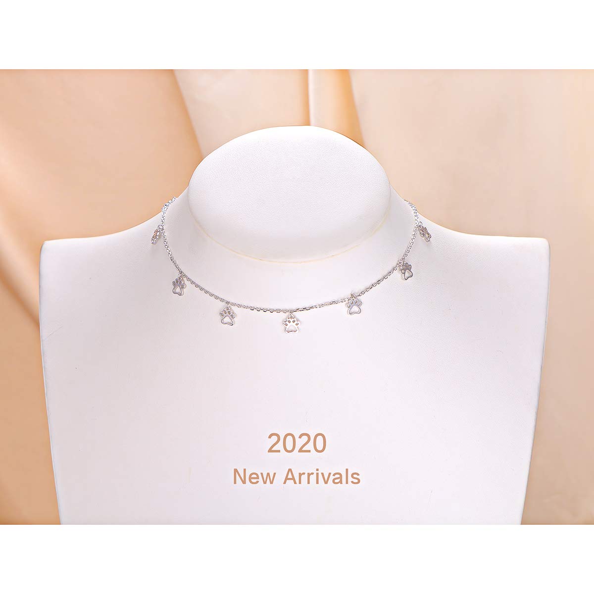 S925 Sterling Silver Puppy Dog Cat Pet Paw Print Choker Disc Chain Statement Pendant Necklace Jewelry For Women 13+3 Inches