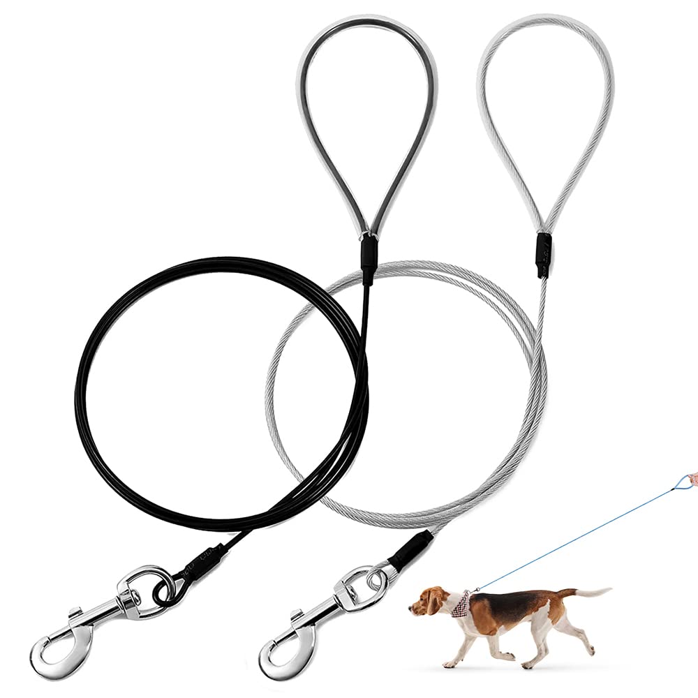 Mi Metty Chew Proof Dog Leash - Six Foot Metal Cable Lead. Heavy Duty Leash Made Of Coated Wire Rope. Chew Resistant, Great For Large Dogs And Teething Puppies. Dog Chains (2 Pack, Black+Transparent)