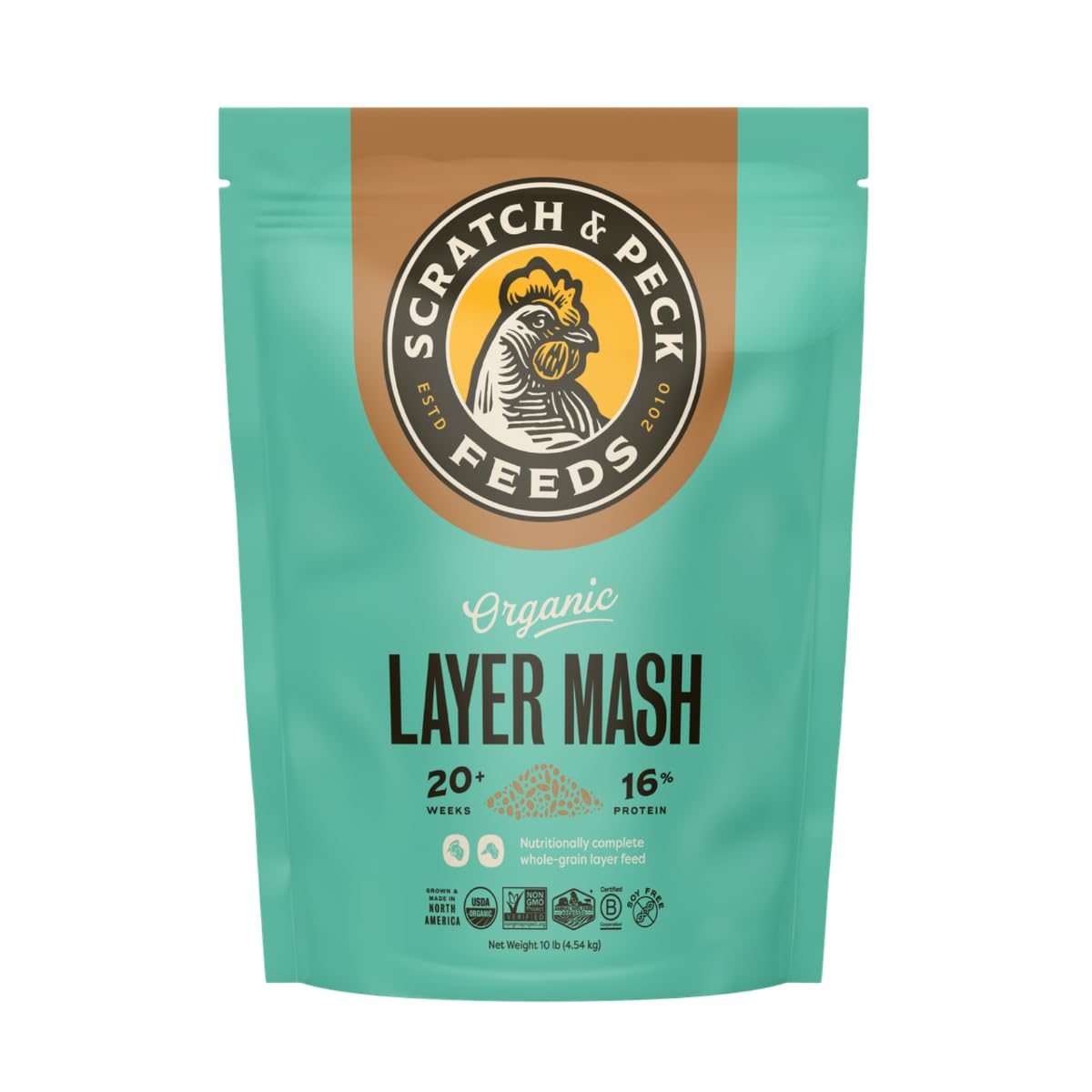 Scratch and Peck Whole Grain Layer Mash Chicken and Duck Feed - 10 lbs Bag - Corn-Free and Soy-Free - 16% Protein, Certified Org
