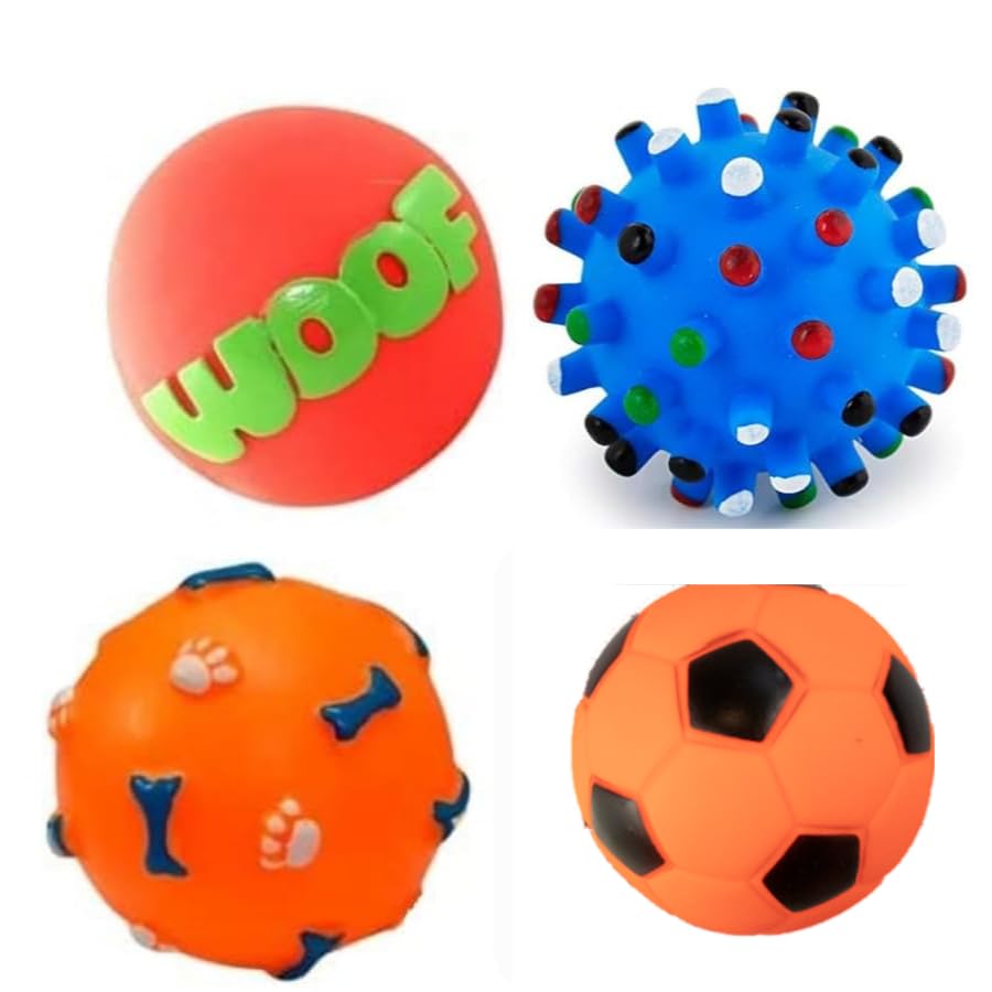 Dog Trust Natural Rubber Vinyl Light Weight Squeaky Ball Combo Toy for Small Puppy/Dogs (Basket + Woof + Bone Print + Foot Ball)