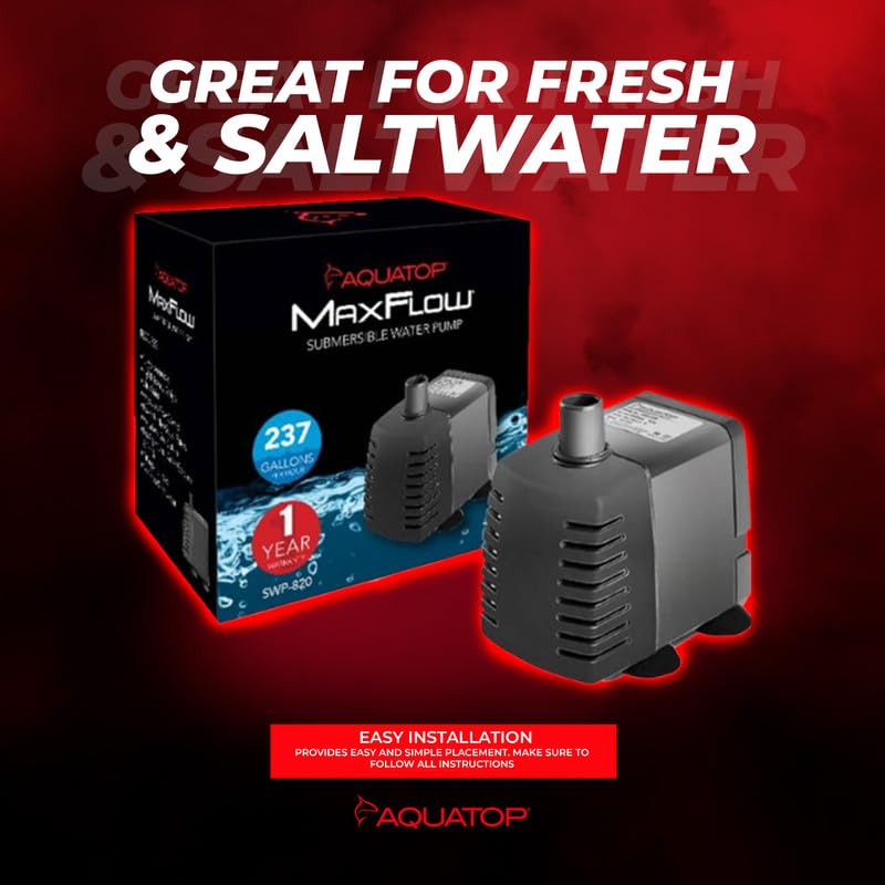 Aquatop Maxflow Submersible Aquarium Pump 237 Gph – Adjustable Flow Rate For Fish Tanks, Sumps, Statuary, And Water Features, Swp-820