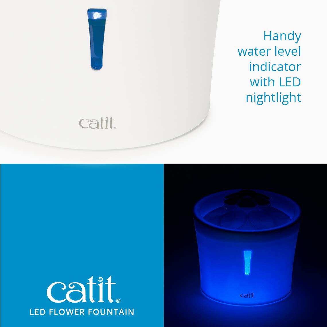 Catit LED Flower Fountain with Triple Action Filter, Cat Drinking Water Fountain, Blue, 3 L
