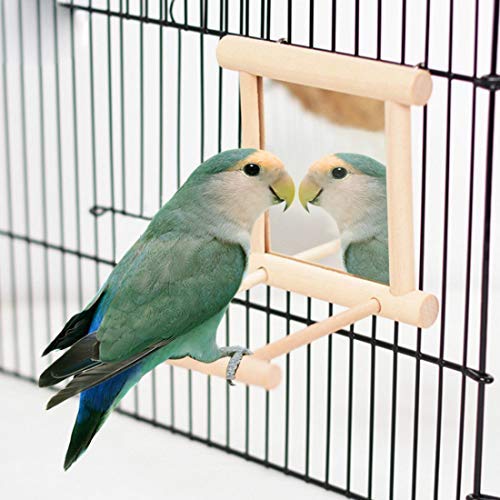 Bird Mirror Wooden Hanging Swing Interactive Play Toys For Small Parrot Budgies Macaw African Grey Parakeet Cockatiel Conure Lovebird Cage Accessories (Bird Mirror Perch Stand-One)