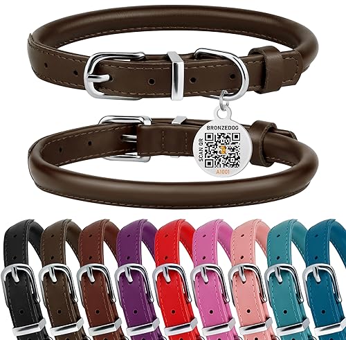 BRONZEDOG Rolled Leather Dog Collar for Small Medium Large Dogs, Genuine Smooth Leather, Coffee Brown, XS: 9-11 Inch