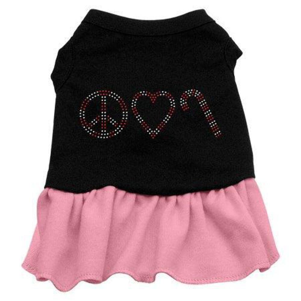 Christmas Pet Dog and Cat Dress Rhinestone, &quot;Peace, Love & Candy Canes&quot; Black W/Light Pink XS (0-3 lbs.)