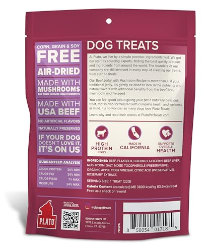 PLATO Jerky Dog Treats - Grain Free, High Protein Beef with Mushroom - 16oz