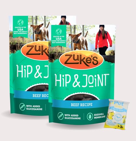 (2 Pack) Zuke Hip Action Hip & Joint Support Treats for Dogs Roasted Beef Recipe Recipe 16oz Each with 10ct Wipes
