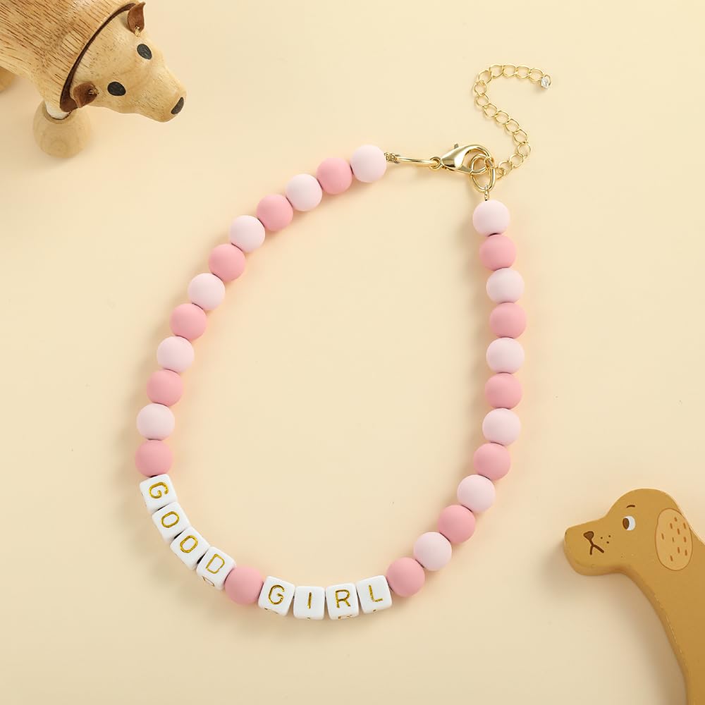 Madison Tyler Dog Beaded Necklace | Adjustable Beaded Durable Dog Necklace | Cute Fashion Pet Collar | Good Girl Jewelry Pink Be