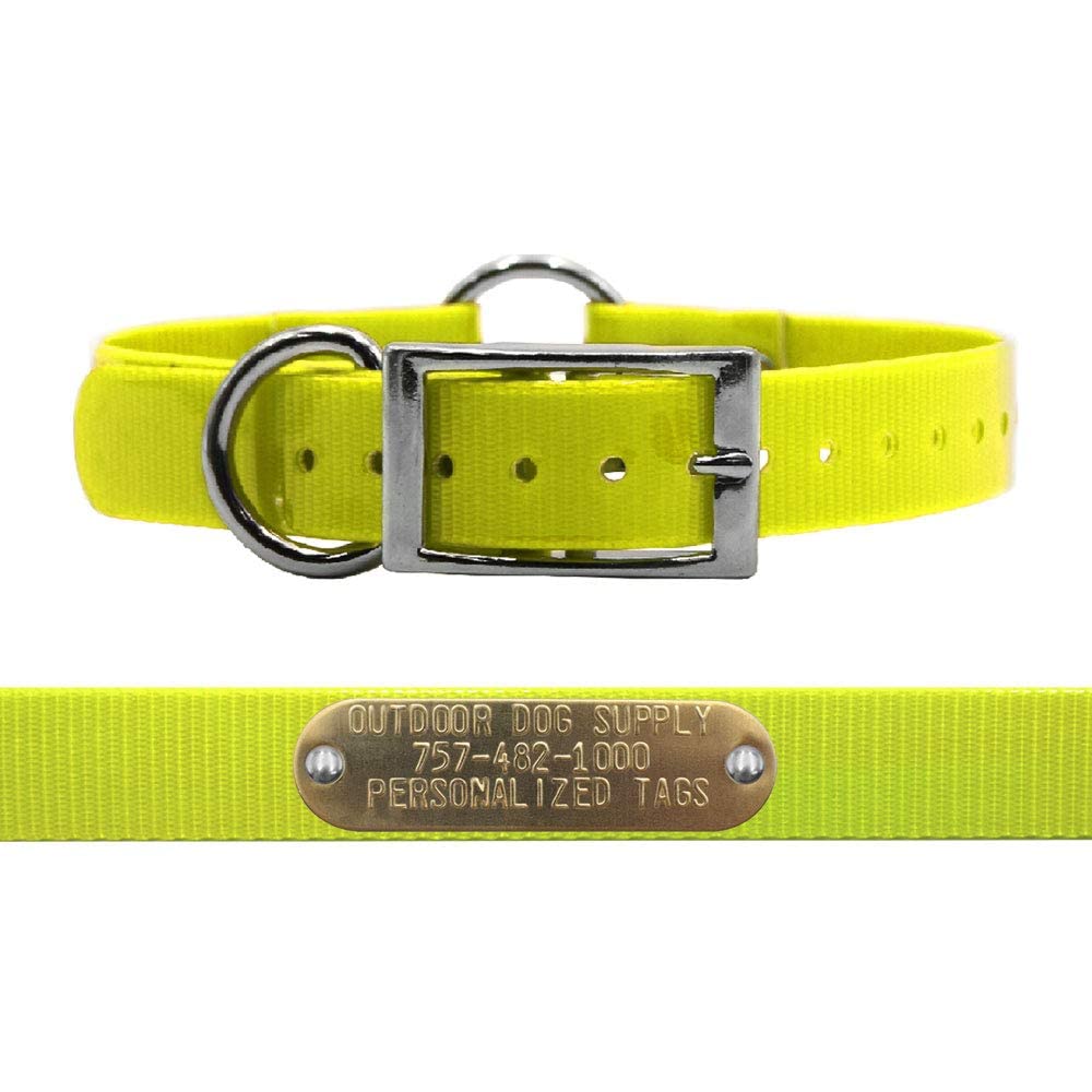 Outdoor Dog Supply'S 1' Wide Solid Color Ring In Center Dog Collar Strap With Custom Brass Name Plate (21' Long, Yellow)