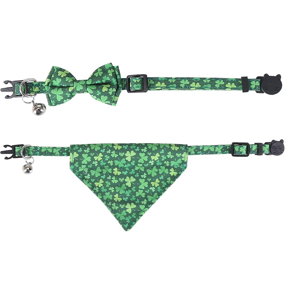 St. Patrick'S Day Cat Collar Breakaway With Bow Tie Bandana And Bell Holiday For Kitty Adjustable Safety