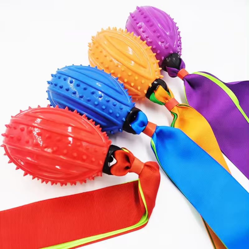 BohoBark Ribbon Throwing Rubber Ball Toy for Dog Rugby Rubber Squeaky Grenade Interactive Toy