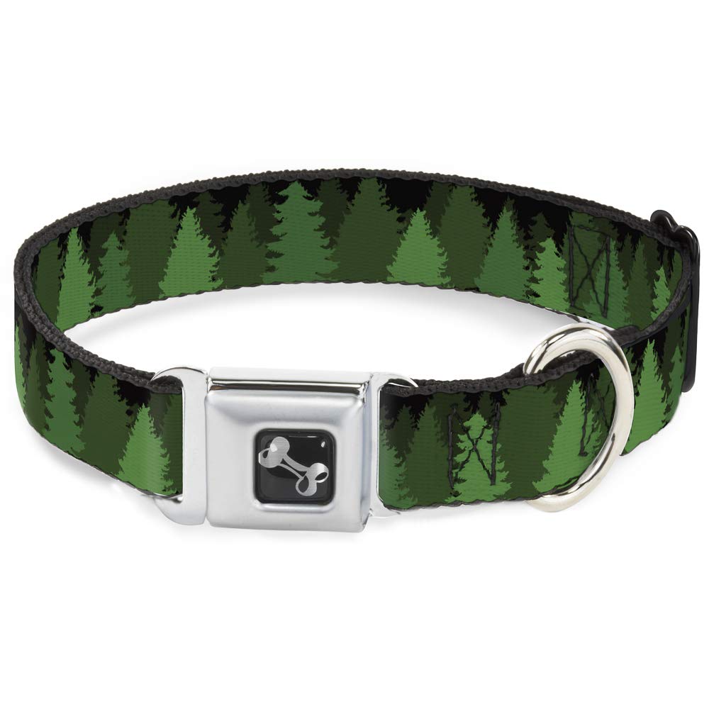 Dog Collar Seatbelt Buckle Pine Tree Silhouettes Black Greens 13 To 18 Inches 1.5 Inch Wide, Dc-W34291-Ws