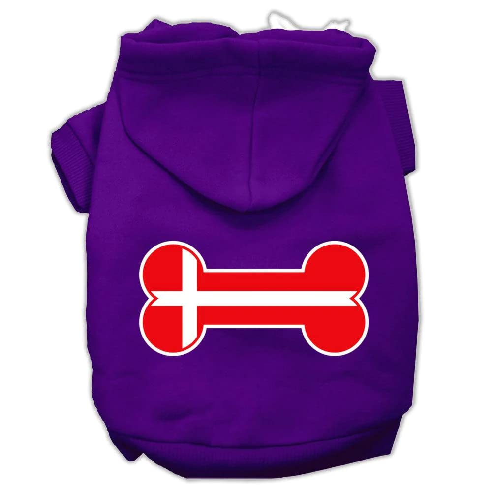 Pet, Dog & Cat Hoodie Screen Printed, 'Bone Shaped Denmark Flag' Purple Lg (10-14 Lbs.)
