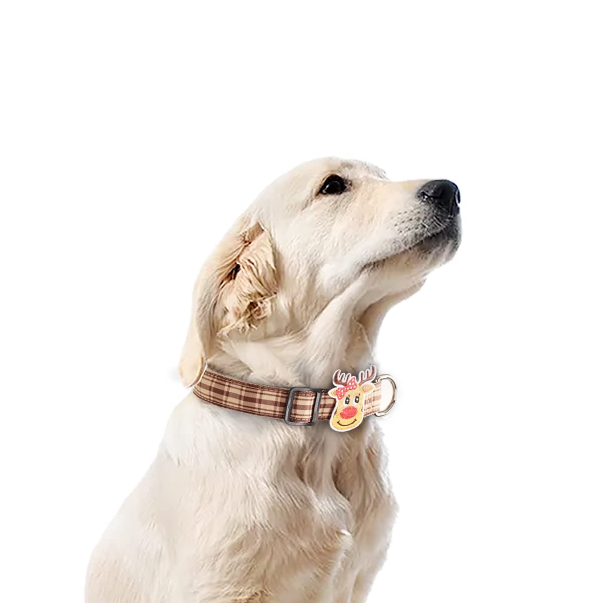 Holiday Winter Dog Collars With Cute Reindeer Decor,Khaki Buffalo Plaid Pattern,Adjustable For Medium Large Dogs