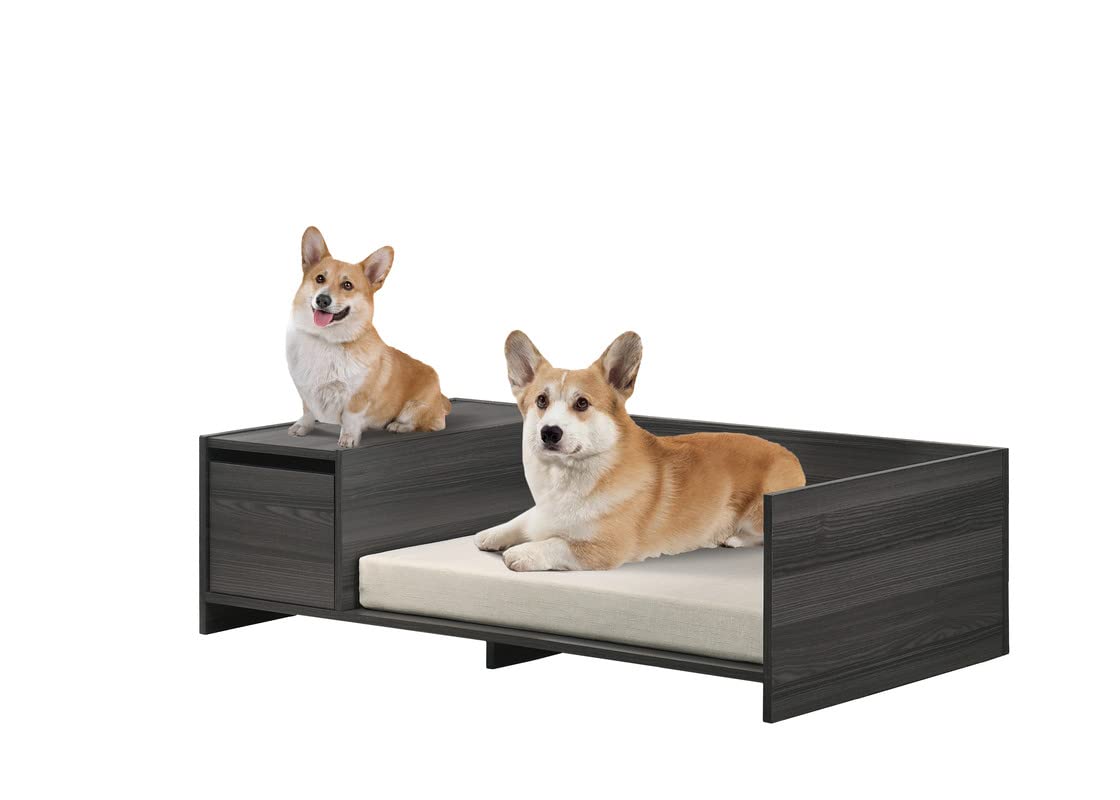 Esme Ash Gray 47&quot; Wide Wood Dog Bed Frame with Cushion and Side Storage Compartment