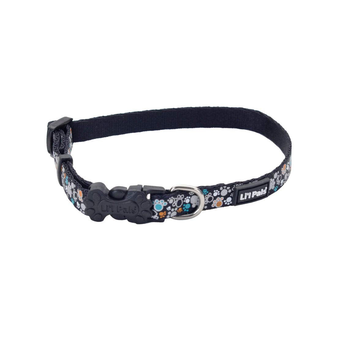 Coastal Li’l Pals Reflective Dog Collar, Teal Orange Paws, 3/8" x 6"-8", Durable Polyester