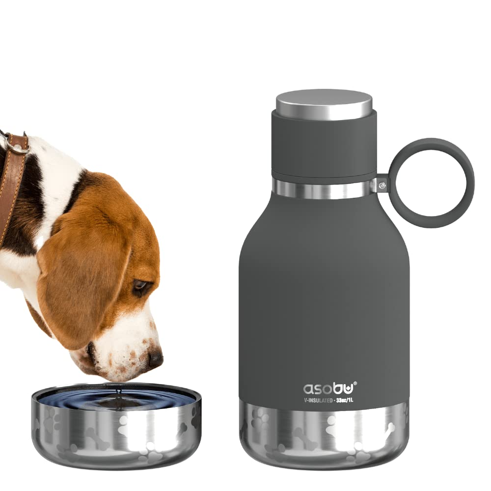 Asobu Dog Bowl Attached To Stainless Steel Insulated Travel Bottle For Human 37Oz/1.1 Liter With Detachable Dog Bowl (Smoke)