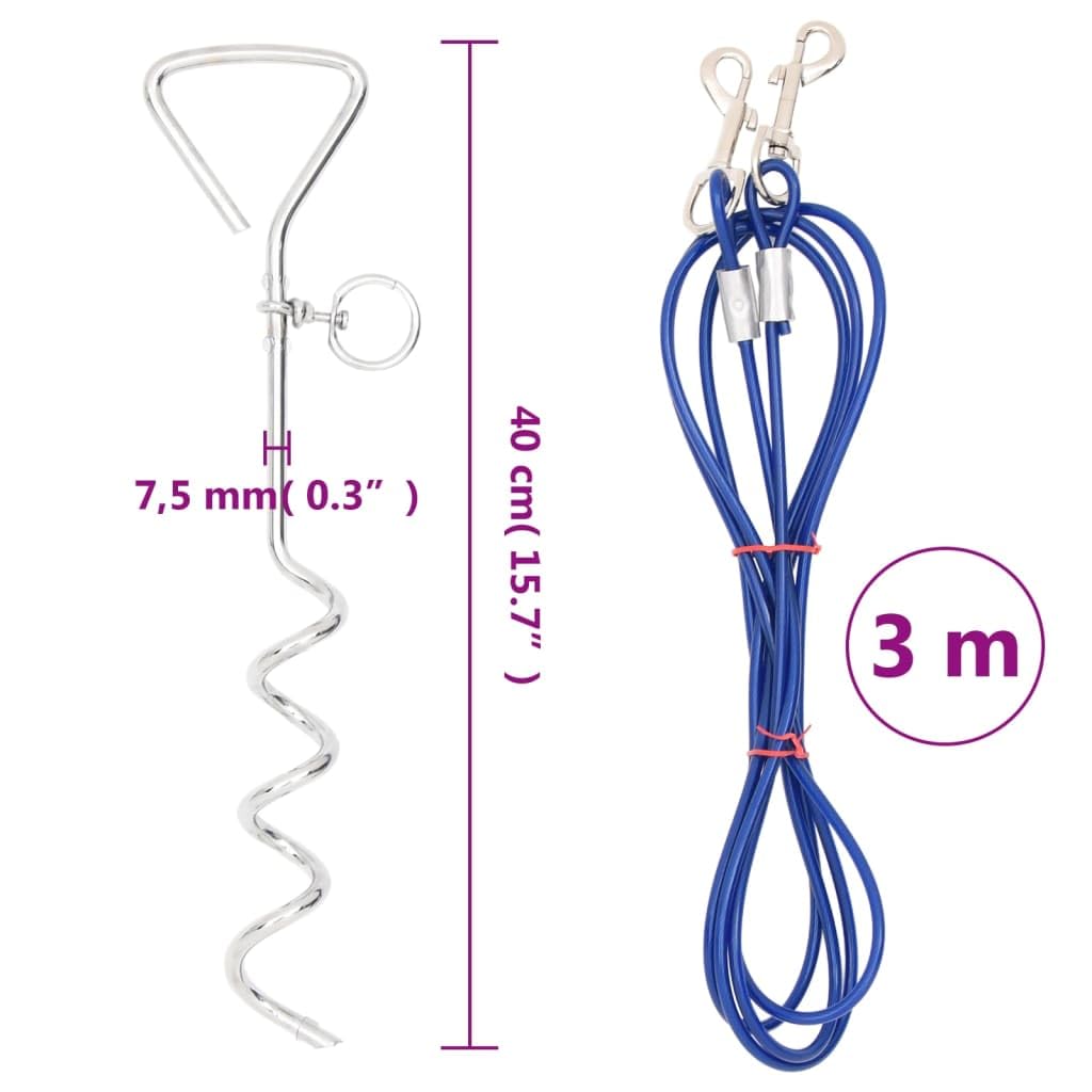 vidaXL Dog Tie Out Cable and Stake Set - Corrosion-Resistant 9.8' PVC-Coated Steel Wire, Portable Garden Yard Pet Anchor