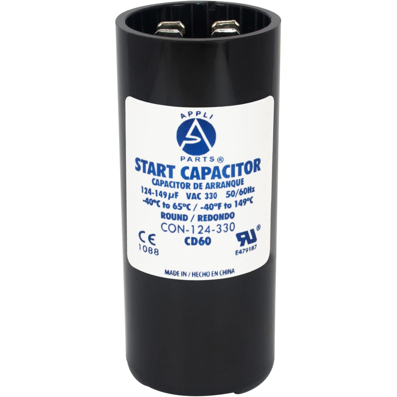 Appli Parts motor start capacitor 124-149 Mfd (microfarads) uF 330 VAc universal fit for electric motor applications 1-716 in Wi