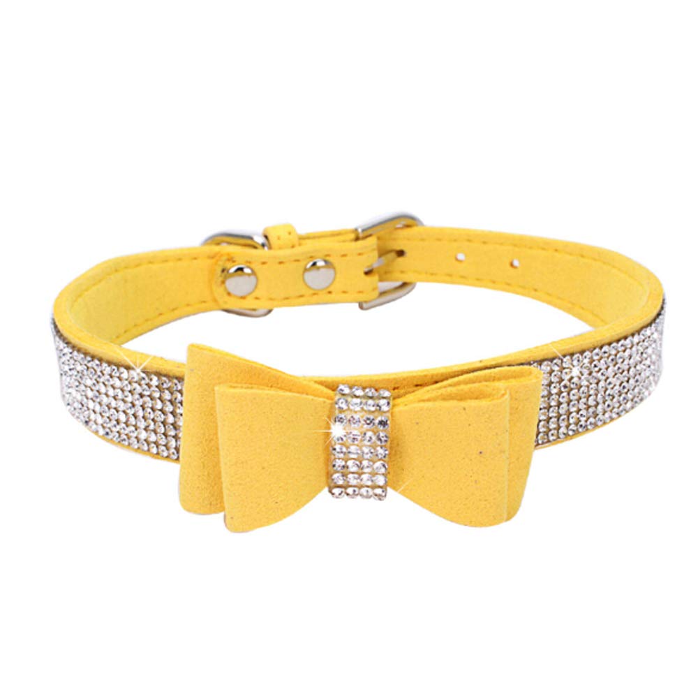 Dogs Kingdom 10''-24'' Length Cute Pet Dog Velvet Bow Tie Collar Puppy Cat Full Crystal Rhinestone Necklace Adjustable,Yellow,Xx