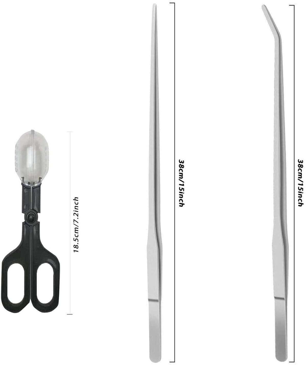 Alfyng 15 Inch Reptile Feeding Tongs Long Tweezers Cricket Clamp Bug Scooper, 3 Pcs Stainless Steel Straight And Curved Tweezers Feeder Tool For Snake Lizard Gecko Spider Bearded Dragon