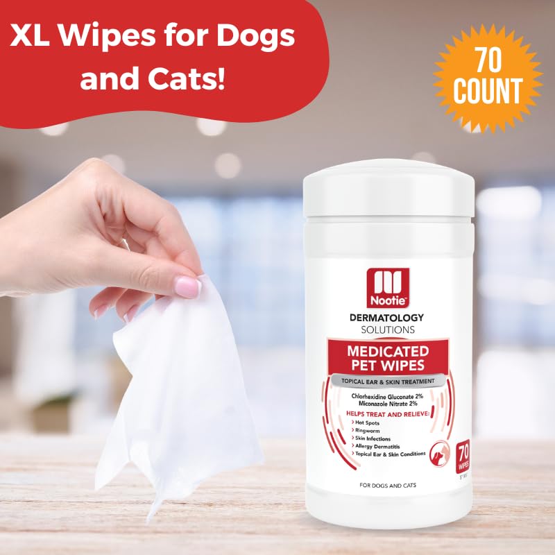 Nootie Medicated Dog Wipes, 2% Chlorhexidine and 2% Miconazole Formulated Pet Wipes for Dogs and Cats - 5x 6 Size XL Wipes - 70