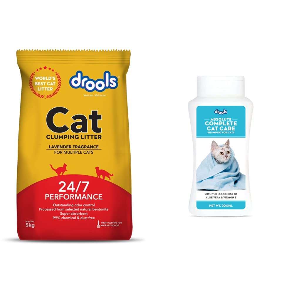 Drools Clumping Lavender Fragrance Cat Litter (For Multiple Cats), 5Kg&Drools Complete Cat Care Shampoo, 200Ml