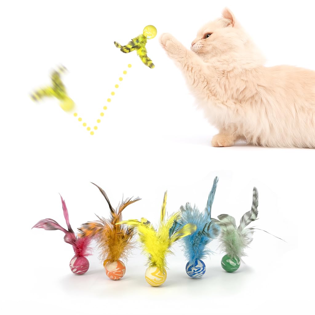 ZAYLUMO Feather Chase & Fetch Balls for Indoor Cats - 5 Pack Durable Rubber Cat Toys with Natural Feathers, Interactive Exercise