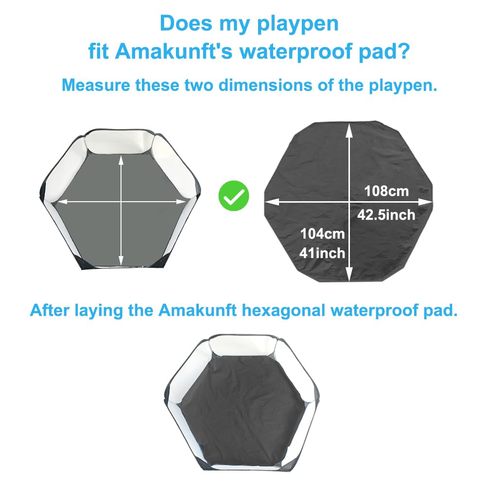 Amakunft Waterproof Hexagon Playpen Mat, Washable Pet Bedding Liner, 42.5in x 41in, Black, for Guinea Pig, Rabbit, Hamster, Chinchilla