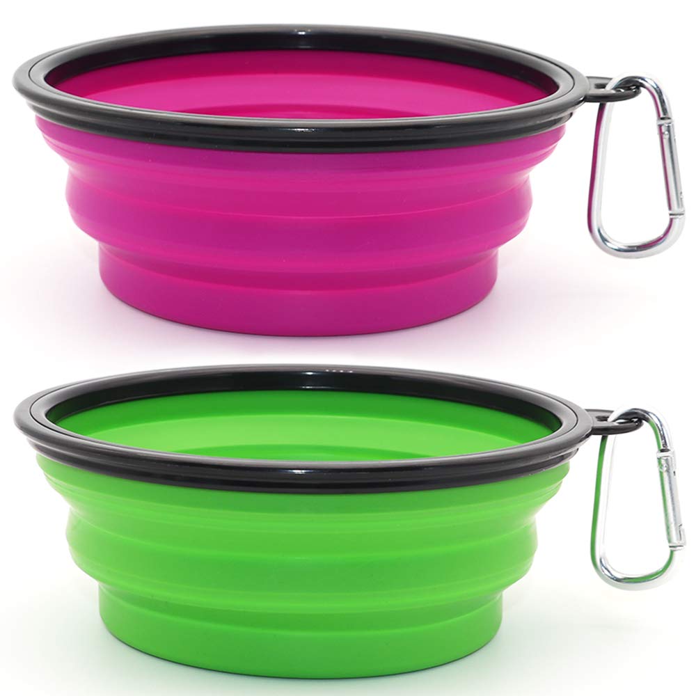 Dog Bowl Pet Collapsible Bowls, 2 Pack Collapsible Dog Water Bowls For Cats Dogs, Portable Pet Feeding Watering Dish For Walking Parking Traveling With 2 Carabiners (Large, Green+Purple)