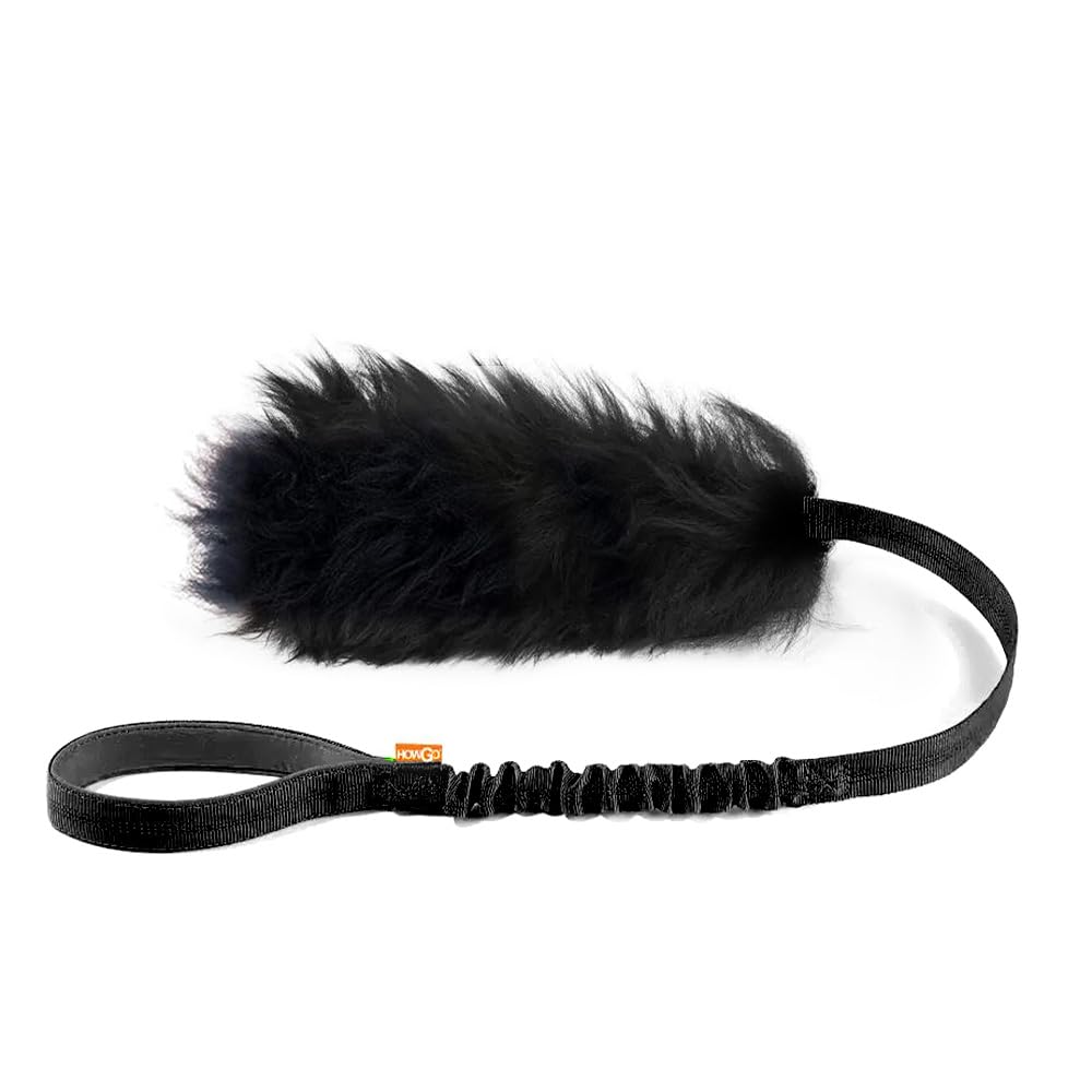 Howgo Dog Rope Toy,Dog Bungee Chaser Toy 100% Sheepskin,Sheep Smell Tug Toy For All Breeds (Black, Long Without Ball)