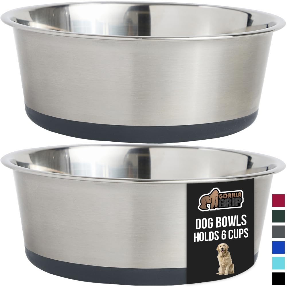 GORILLA GRIP Set of 2 Dog Bowls, Holds 6 Cups (48 fl oz), Heavy Duty Metal Food and Water Bowl for Feeding Dogs and Cats, Dishwa