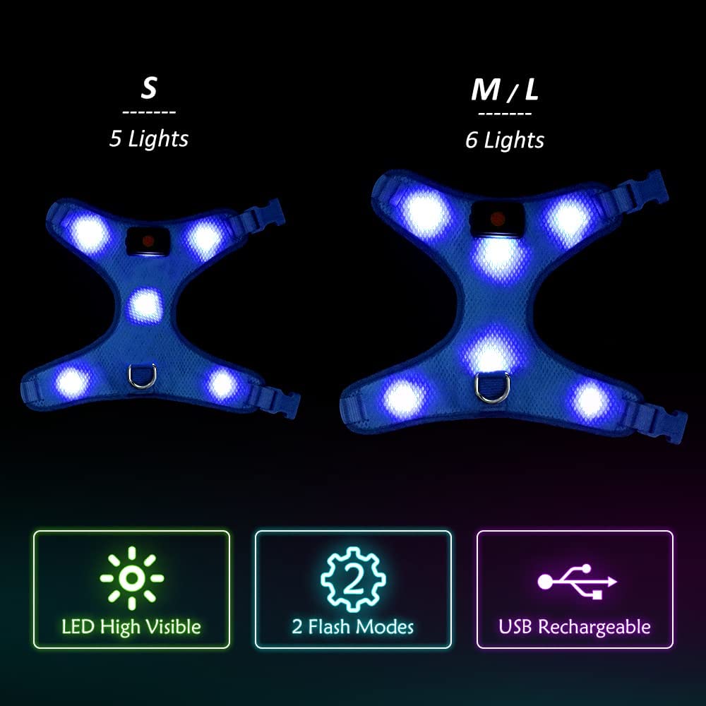 Flashseen Led Dog Harness, Lighted Up Usb Rechargeable Pet Harness, Illuminated Reflective Glowing Dog Vest Adjustable Soft Padded No-Pull Suit For Small, Medium, Large Dogs (Blue, L)