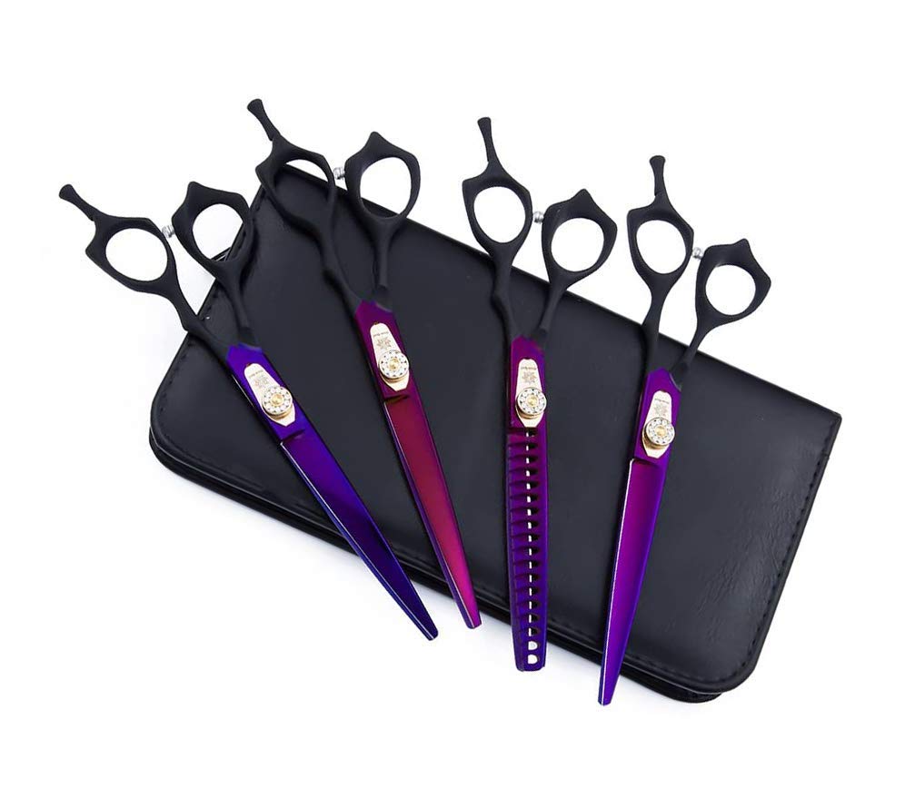 Dream Reach 7.0 Inches Professional Decompressed Elastic Handle Pet Grooming Scissors Set,Straight & Chunker & 2 Curved Scissors 4Pcs Set For Dog Grooming (Purple) (4Psc Set)
