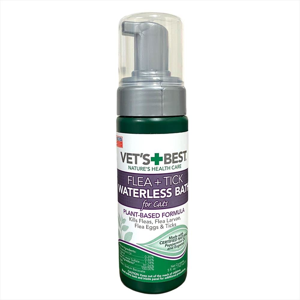 Vets Best Flea & Tick Waterless Bath Foam for Cats - Flea-Killing Dry Shampoo for Cats - Plant-Based Formula - Certified Natura