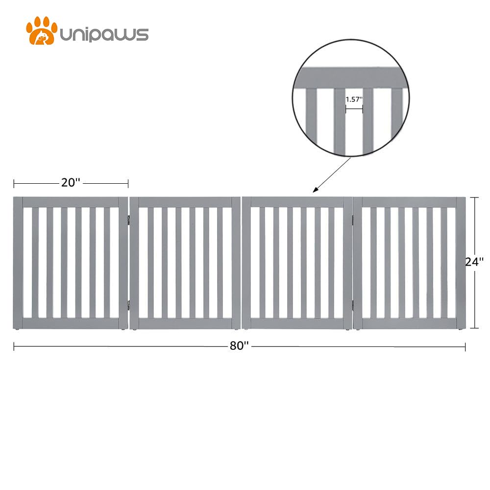 Unipaws 24' H Free Standing Pet Gate For Dog Cat, Wooden Dog Gates For Doorway, Stairs, Step Over Foldable Pet Fence For The House, Expandable Dog Barrier, Indoor Use, Grey