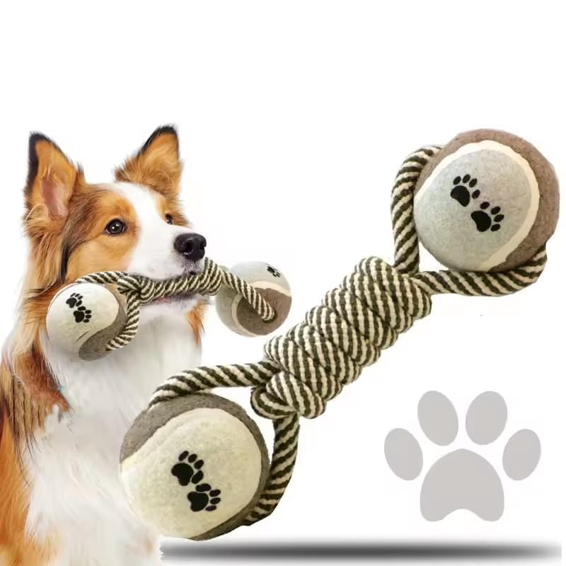 MiniMoo Rope Dog Chew Toy with Tennis Balls, Soft Teething Small and Medium Dog, NonToxic, Gentle on Teeth  Grey
