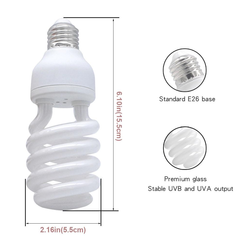 Yimidool Uvb Light For Reptiles, 26W 5.0 Reptile Heat Lamp Bulbs, Uva Uvb Reptiles Light Bulbs Ideal For Rainforest Reptiles, Be