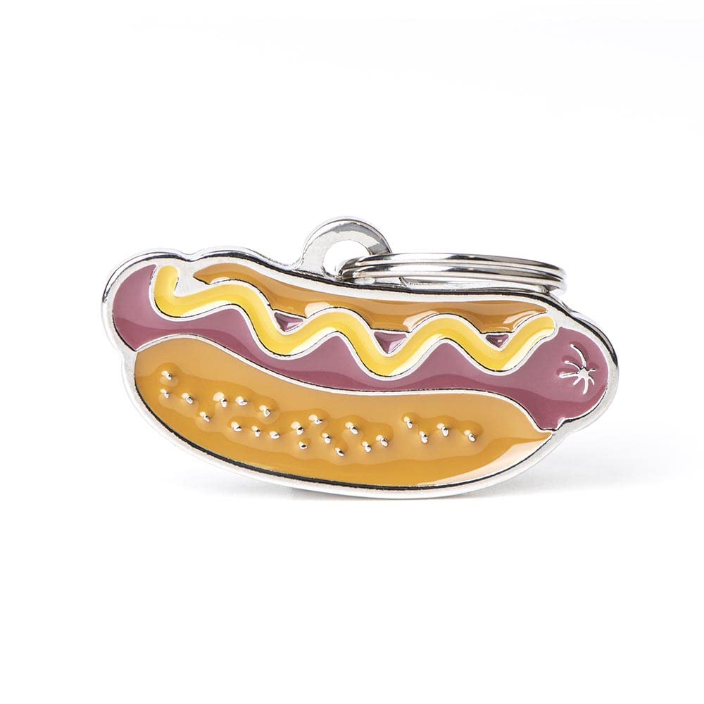 My Family Personalized Pet ID Tag Made in Italy, Hot Dog, Free Engraved Dog Tag, Hand Enameled Metal, Food Collection