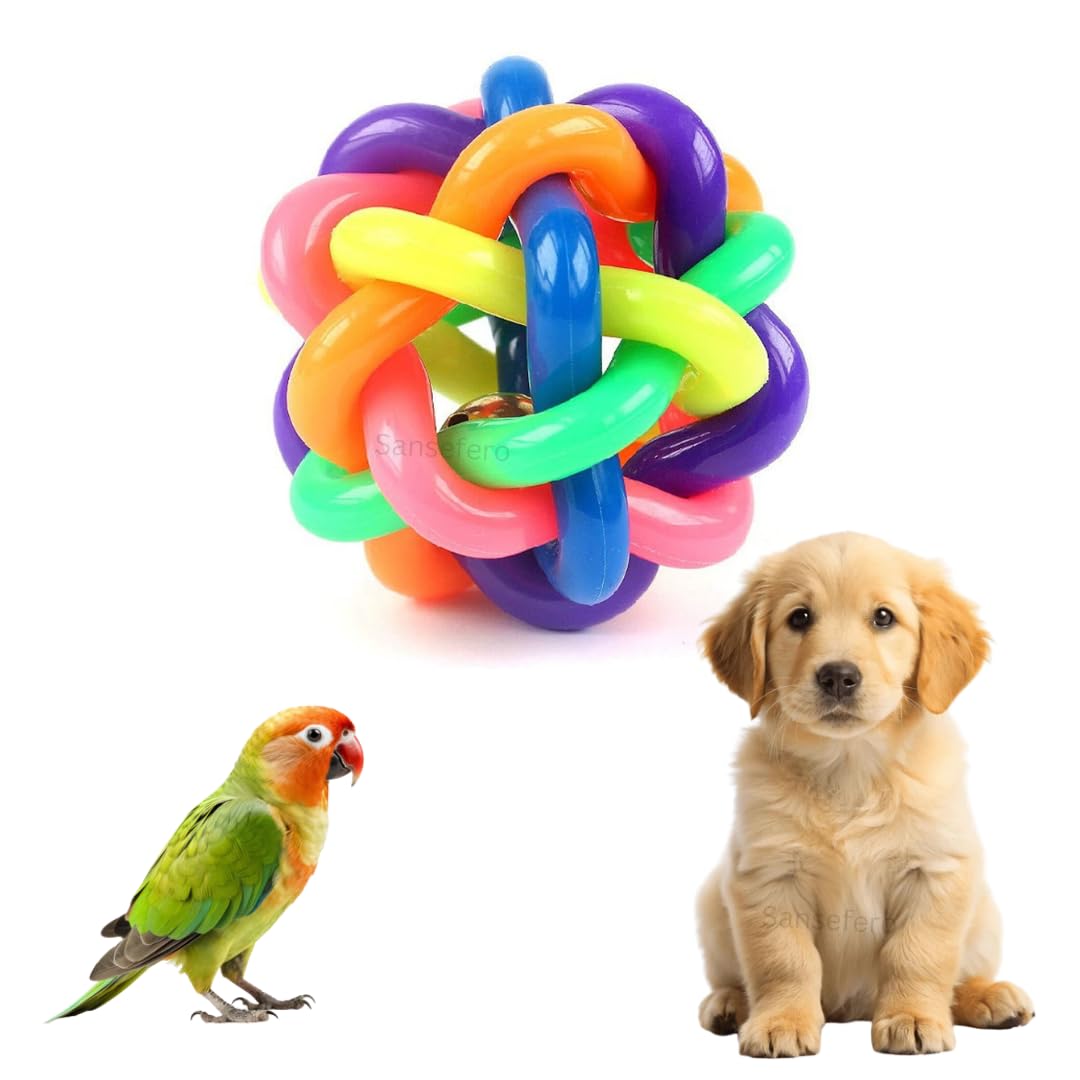 SANSEFERO Rubber Bell Ball Toy for Birds & Dogs with Rainbow Theme Bell Interactive Soft Bell Ball for Dogs Indoor and Outdoor F