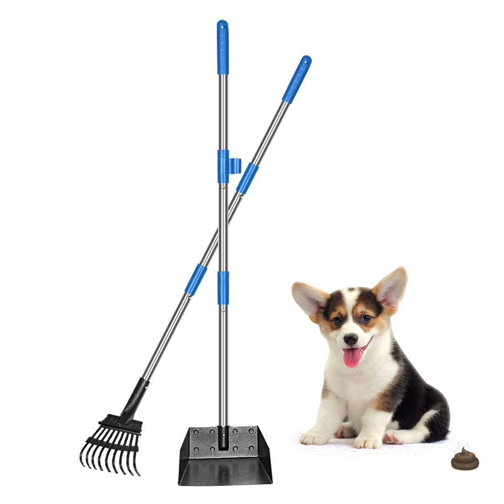 Qimh Upgraded Dog Pooper Scooper Extra Large, Adjustable Long Handle Stainless Metal Pet Poop Tray And Rake Set For Large Medium