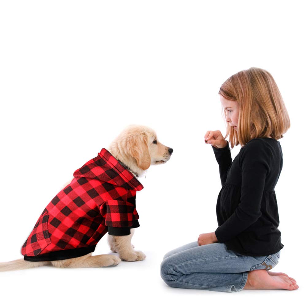 Red Plaid Dog Hoodie Sweater For Dogs Pet Clothes With Hat And Pocket（M）