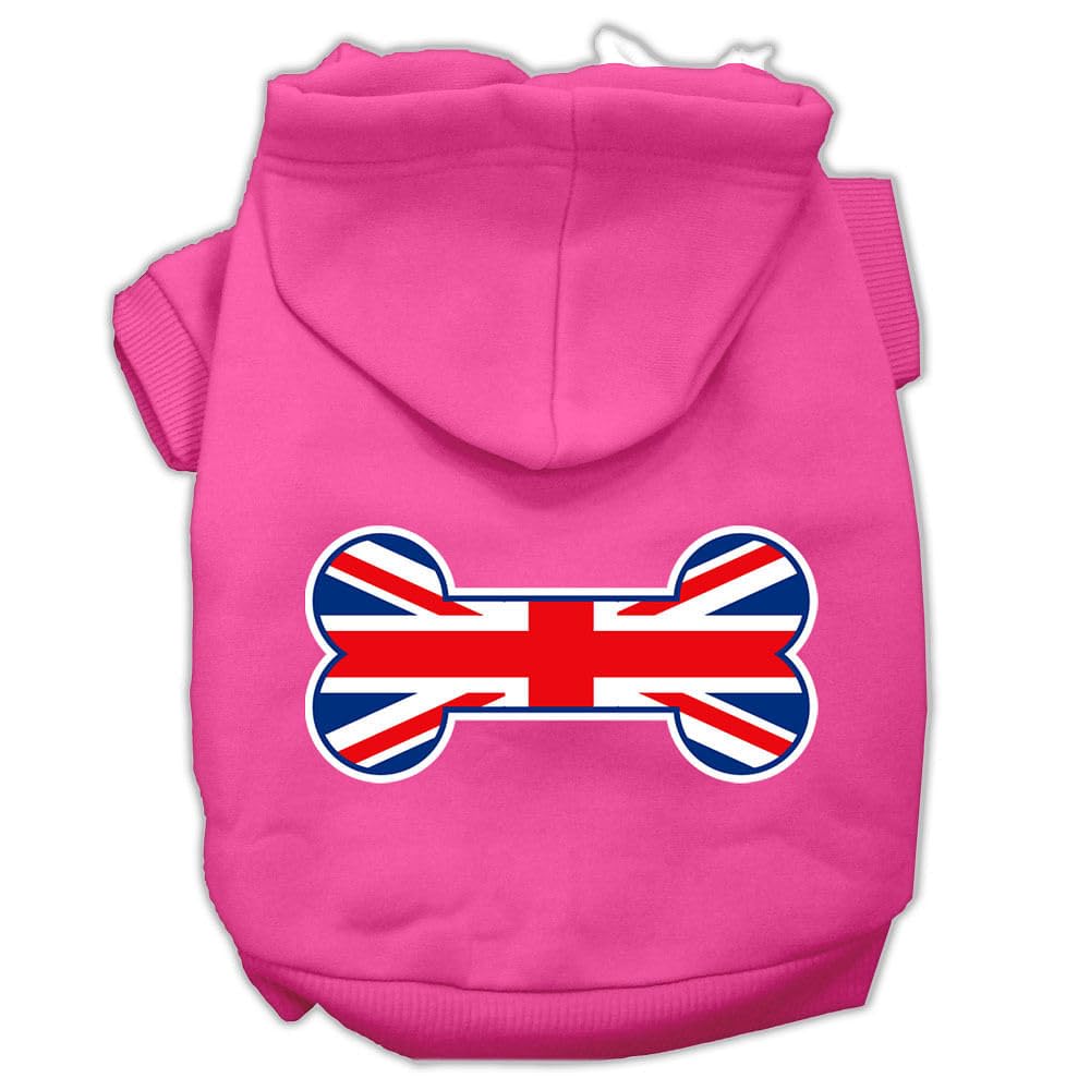 Pet, Dog & Cat Hoodie Screen Printed, 'Bone Shaped Flag United Kingdom (Union Jack) Flag' Bright Pink 3Xl (25-35 Lbs.)