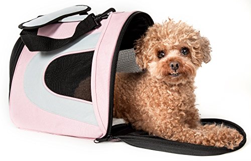 Pet Life Airline Approved Collapsible Zippered Folding Sporty Mesh Travel Fashion Pet Dog Carrier Crate, Large, Pink & Cream