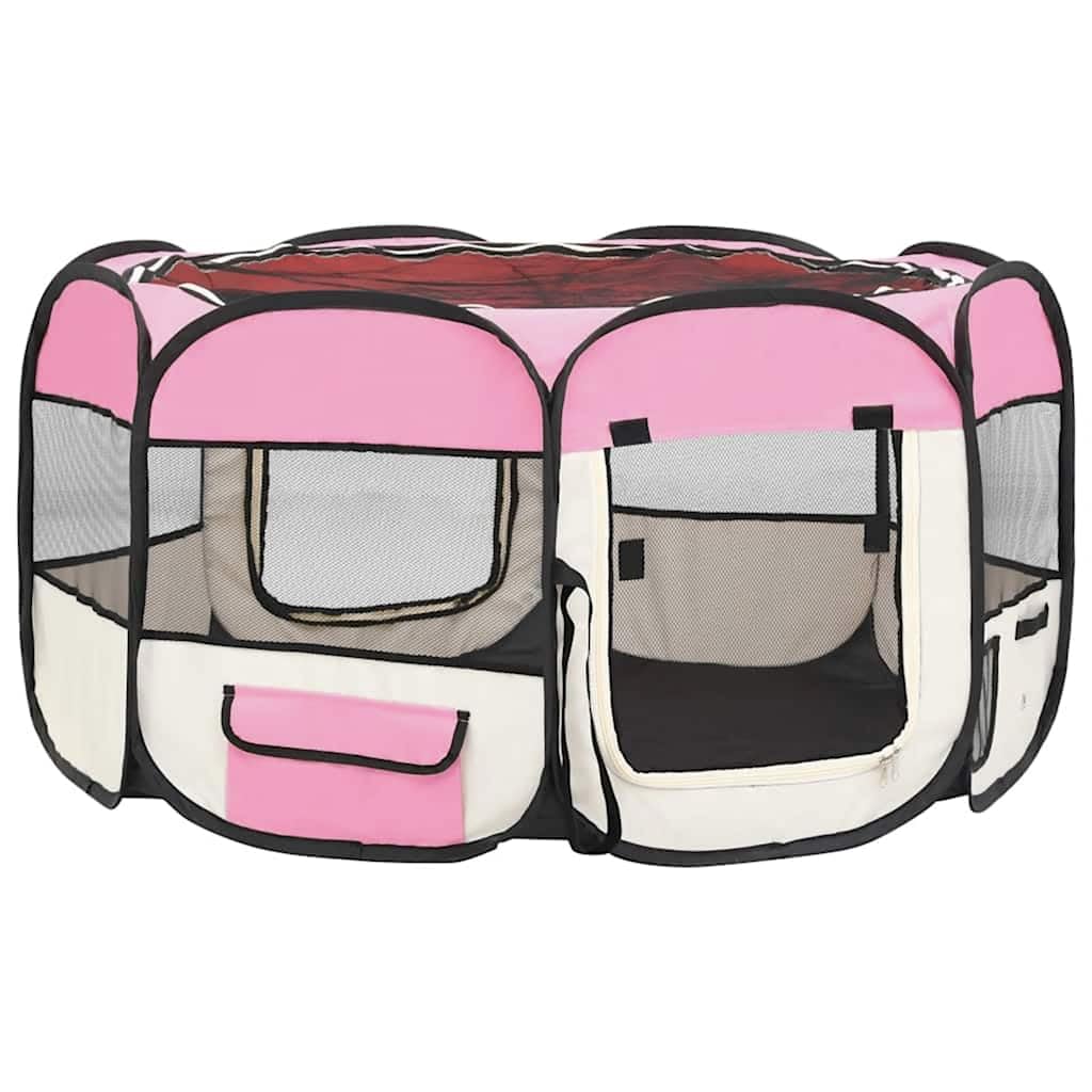 vidaXL Foldable Dog Playpen - Lightweight Pet Play Area with Carrying Bag - 49.2x49.2x24 - Pink and Cream