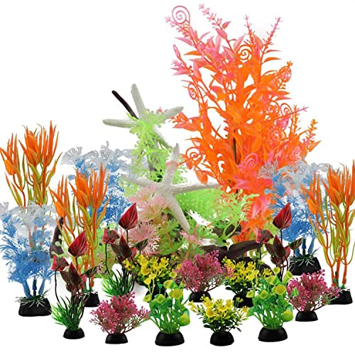 Pietypet 21 Pcs Fish Tank Decorations Plants With Artificial Tree Trunk View And Starfish, Aquarium Plants Colorful Artificial Aquatic Plants Lifelike Decor Resin Reef Resin Fish Tank Ornament